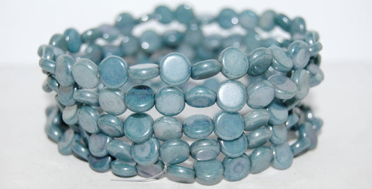 Flat Round Coin Pressed Glass Beads, Luster Blue Full Coated (14464), Glass, Czech Republic