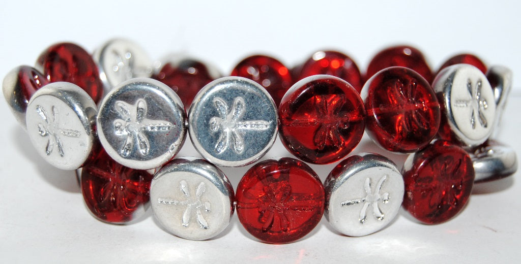 Round Flat Wit Dragonfly Pressed Glass Beads, Ruby Red Crystal Silver Half Coating (90080 27001), Glass, Czech Republic