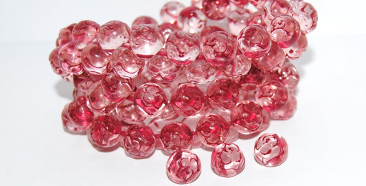 Round Pressed Glass Beads With Rose, Transparent Pink 46490 (70120 46490), Glass, Czech Republic