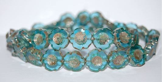 Table Cut Round Beads Hawaii Flowers, Transparent Aqua 43400 (60020 43400), Glass, Czech Republic