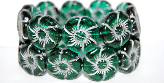 6-Petal Flower Pressed Glass Beads, Transparent Green Emerald 54201 (50710 54201), Glass, Czech Republic