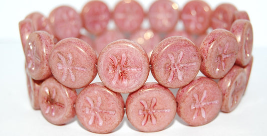 Round Flat Wit Dragonfly Pressed Glass Beads, White Luster Red Full Coated (2010 14495), Glass, Czech Republic