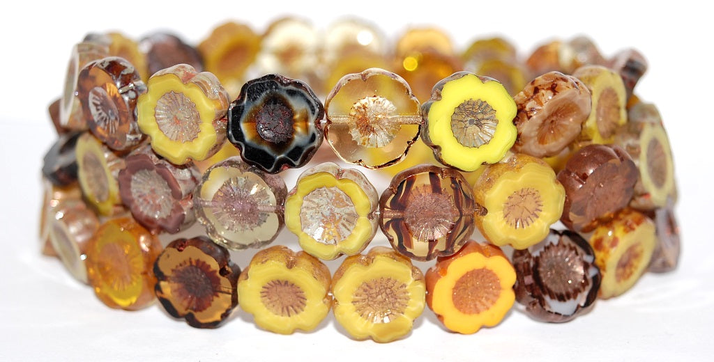 Table Cut Round Beads Hawaii Flowers, Mixed Colors Brown (Mix Brown), Glass, Czech Republic