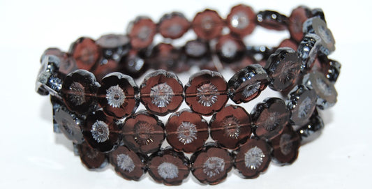 Table Cut Round Beads Hawaii Flowers, Transparent Amethyst Hematite (20080 14400), Glass, Czech Republic