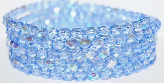 Fire Polished Round Faceted Beads, Transparent Blue Ab (30020 Ab), Glass, Czech Republic