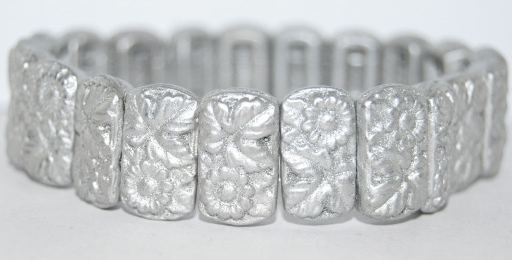 Flat Rectangle 2-Hole Pressed Glass Beads With Flower, Silver Colored (1700), Glass, Czech Republic