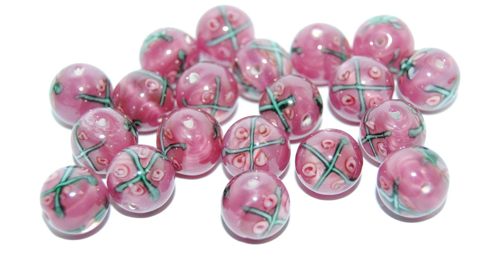 Czech Glass Hand Made Round Lampwork Beads With Flower, (10 A), Glass, Czech Republic