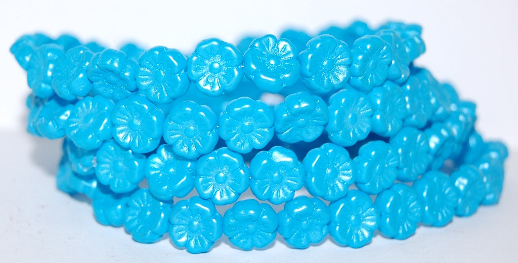 Hawaii Flower Pressed Glass Beads, Aqua (25019), Glass, Czech Republic