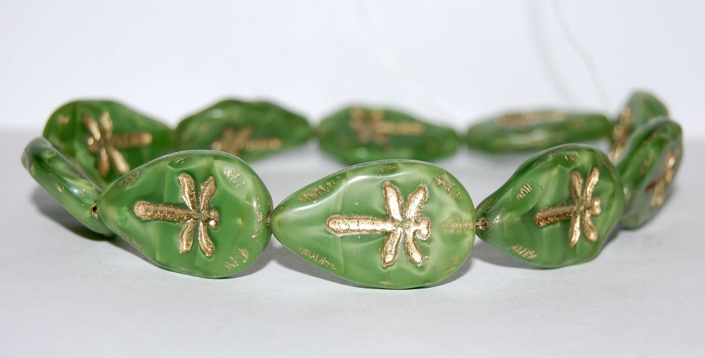 Leaf With Drahonfly Pressed Glass Beads, (56027 54202), Glass, Czech Republic