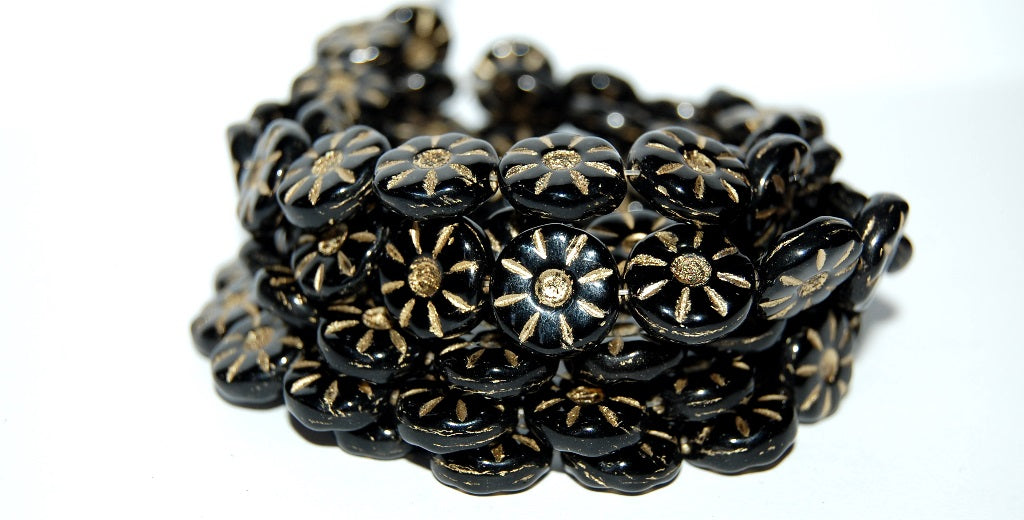 Flower Pressed Glass Beads, Black 54202 (23980 54202), Glass, Czech Republic