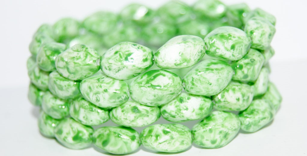 Twisted Oval Pressed Glass Beads, Chalk White Lava Glass Lt Green (3000 Lava Glass Lt Green), Glass, Czech Republic