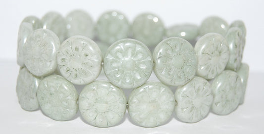 Flat Round With Flower Pressed Glass Beads, Luster Green Full Coated (14457), Glass, Czech Republic