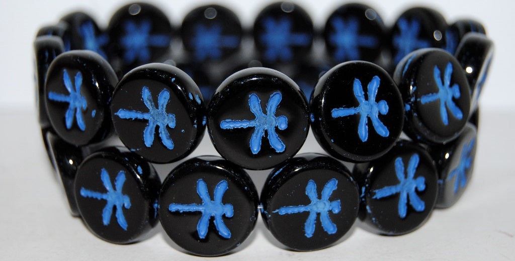 Round Flat Wit Dragonfly Pressed Glass Beads, Black 46430 (23980 46430), Glass, Czech Republic