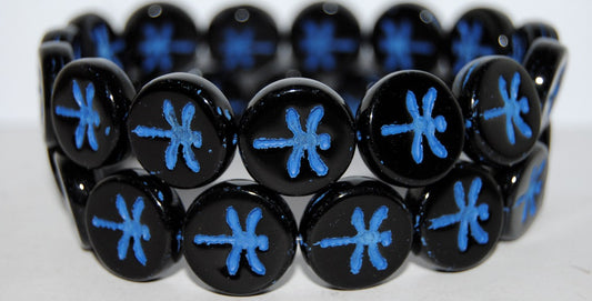Round Flat Wit Dragonfly Pressed Glass Beads, Black 46430 (23980 46430), Glass, Czech Republic