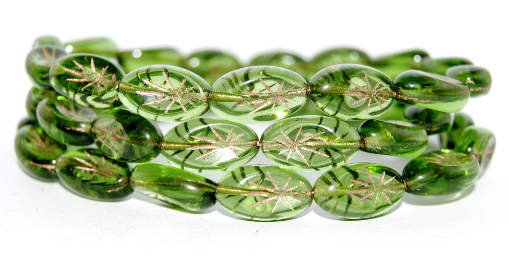 Oval With Rays Pressed Glass Beads, Transparent Green 54200 (50130 54200), Glass, Czech Republic