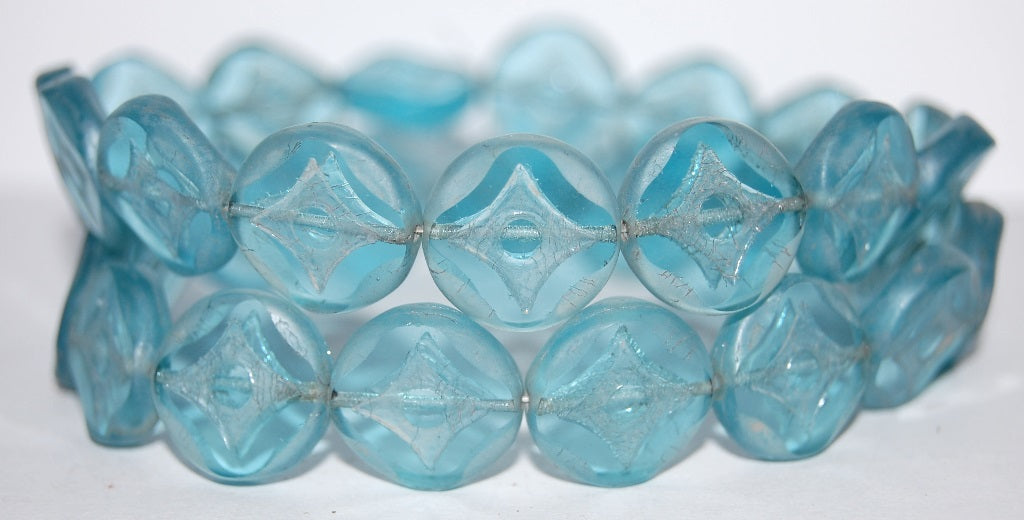 Table Cut Round Beads With Star, Transparent Aqua Luster Cream (60200 14401), Glass, Czech Republic