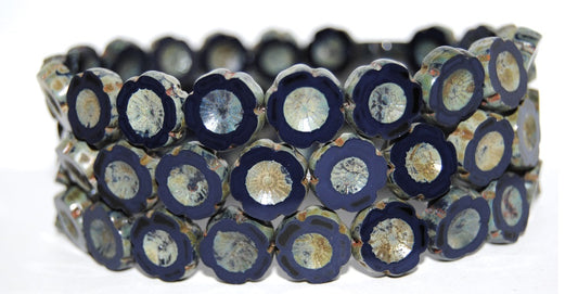 Table Cut Round Beads Hawaii Flowers, Opaque Blue 43400 (33400 43400), Glass, Czech Republic