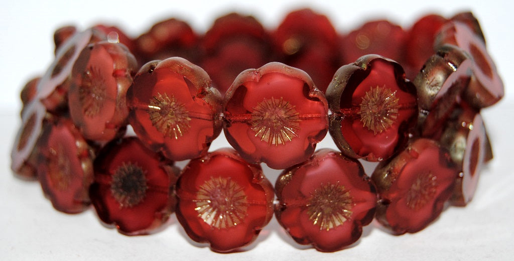 Table Cut Round Beads Hawaii Flowers, 6708 Luster Red Full Coated (6708 14495), Glass, Czech Republic