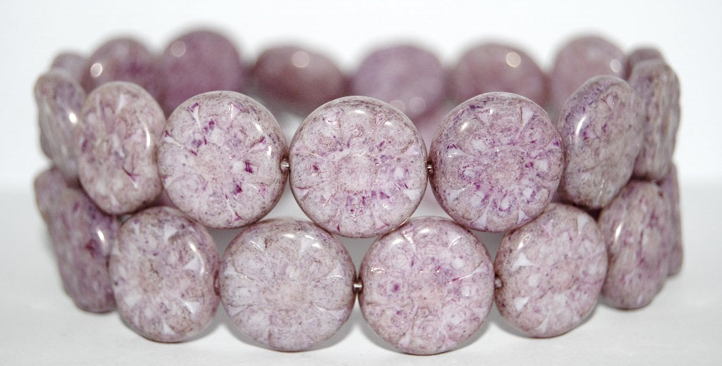 Flat Round With Flower Pressed Glass Beads, Luster Lila (14494), Glass, Czech Republic