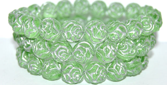 Round Rose Pressed Glass Beads, Transparent Green 54201 Antiq Uranium (50800 54201 Antiq Uranium), Glass, Czech Republic