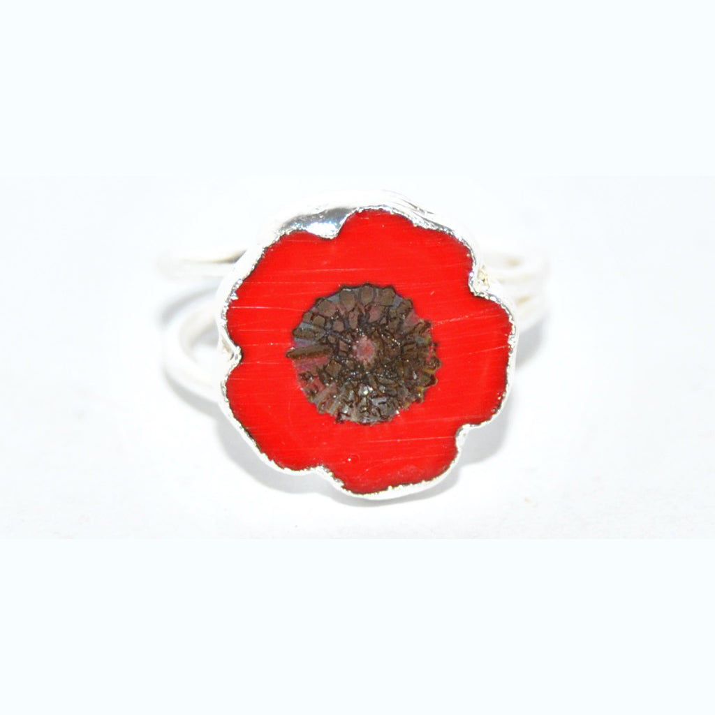 Adjustable Ring with Polished Czech Glass Bead, Hawaiian Flower 14 mm (G-19-H)