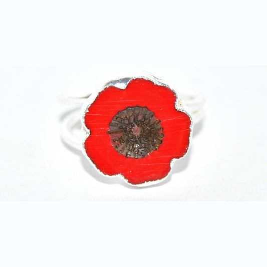 Adjustable Ring with Polished Czech Glass Bead, Hawaiian Flower 14 mm (G-19-H)