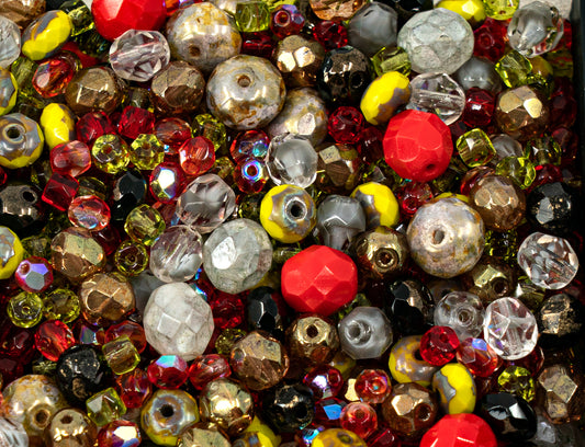 Mix of Faceted Fire Polished Czech Glass Beads (Round, Rondelle etc) 4-10mm, Red Yellow Gray