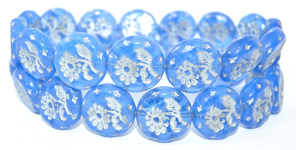 Round Flat With Flower Marguerite Pressed Glass Beads, Opal Blue 54201 (31000 54201), Glass, Czech Republic