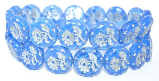 Round Flat With Flower Marguerite Pressed Glass Beads, Opal Blue 54201 (31000 54201), Glass, Czech Republic