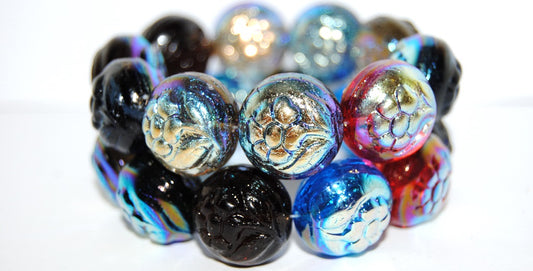 Round With Flower Pressed Glass Beads, Color Mixed Colors Ab (Color Mix Ab), Glass, Czech Republic