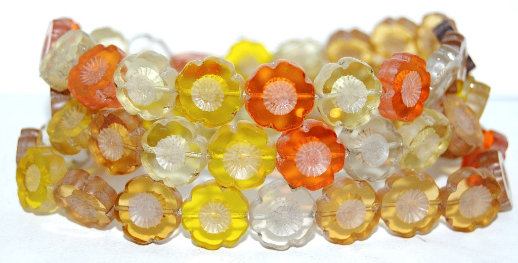 Table Cut Round Beads Hawaii Flowers, Topaz Mixed Colors 2 (Topaz Mix 2), Glass, Czech Republic