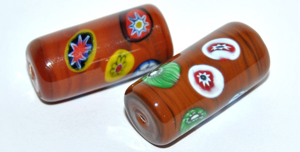 Czech Glass Hand Made Roller Tube Lampwork Beads With Flowers, (3013 F), Glass, Czech Republic