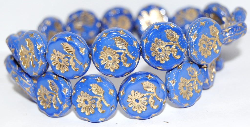 Round Flat With Flower Marguerite Pressed Glass Beads, Opaque Blue 54202 (33040 54202), Glass, Czech Republic