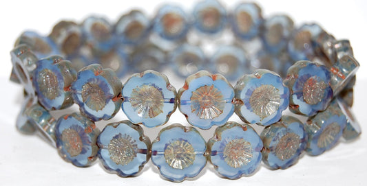 Table Cut Round Beads Hawaii Flowers, Opal Blue 43400 (31000 43400), Glass, Czech Republic