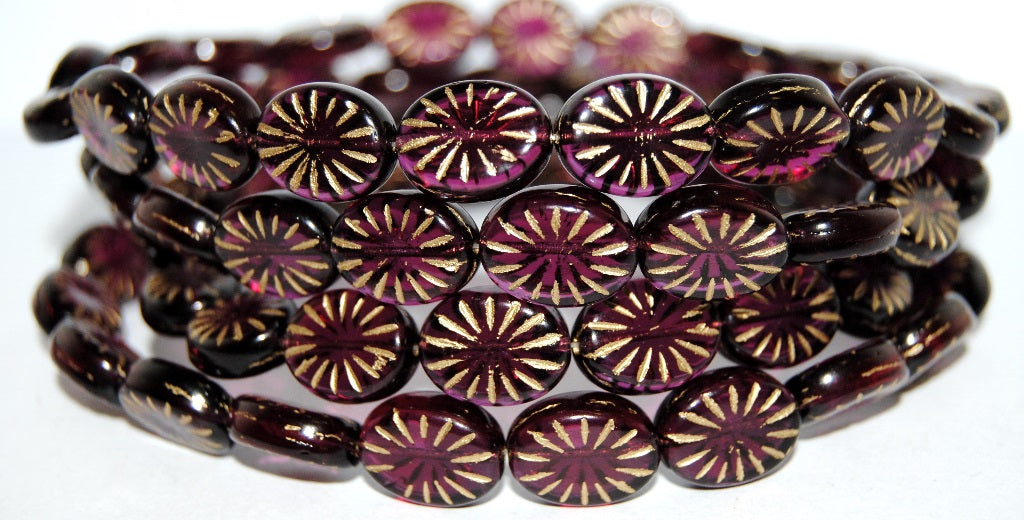 Flat Oval Pressed Glass Beads With Rays, Transparent Red 54202 (70350 54202), Glass, Czech Republic