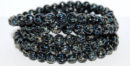 Melon Round Pressed Glass Beads With Stripes, Black 43400 (23980 43400), Glass, Czech Republic