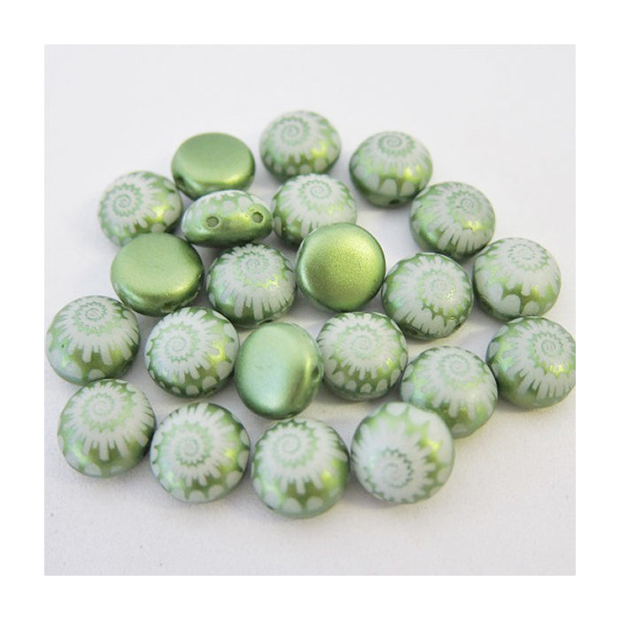 PRECIOSA Candy beads 2-hole round glass cabochon Laser Etched Decor On Olive Glass Czech Republic