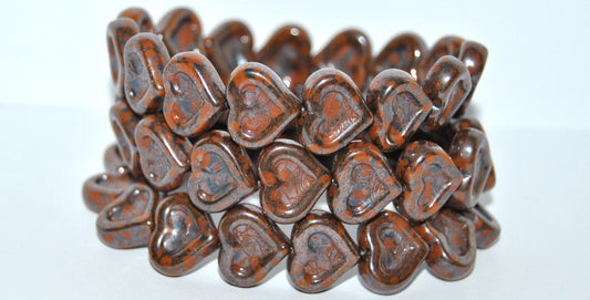 Heart With Heart Pressed Glass Beads, Opaque Brown Terracotta Blue (13600 15464), Glass, Czech Republic