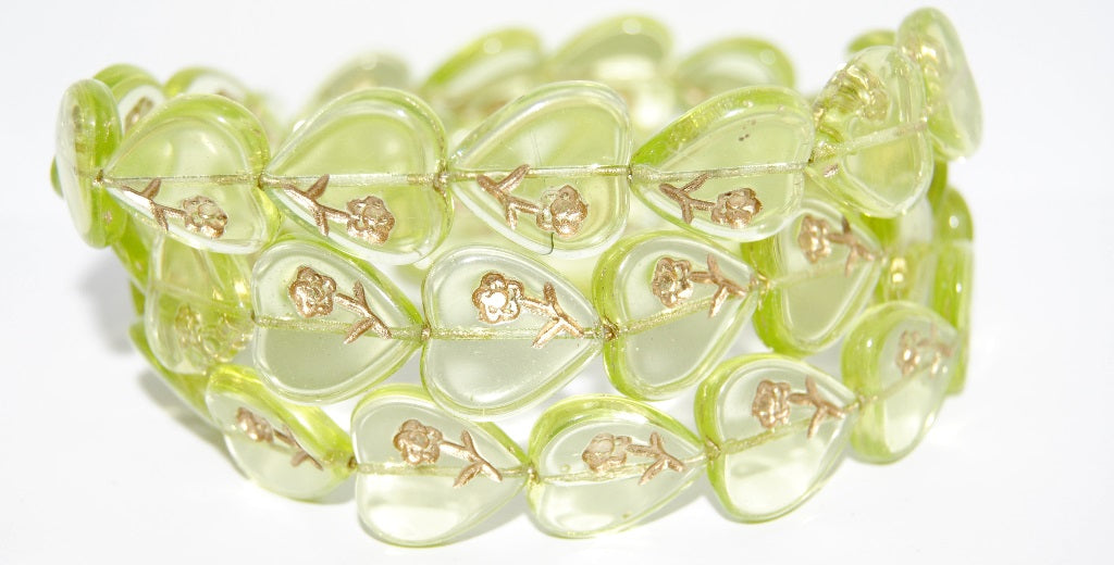 Heart Pressed Glass Beads With Flower, Transparent Yellow 54202 (80120 54202), Glass, Czech Republic