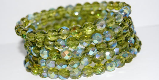 Fire Polished Round Faceted Beads, Transparent Green Ab (50210 Ab), Glass, Czech Republic