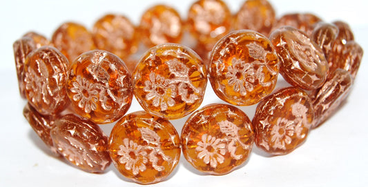 Round Flat With Flower Marguerite Pressed Glass Beads, (10020 54200), Glass, Czech Republic