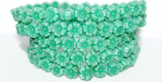 Hawaii Flower Pressed Glass Beads, Opal Aqua 46450 (61300 46450), Glass, Czech Republic