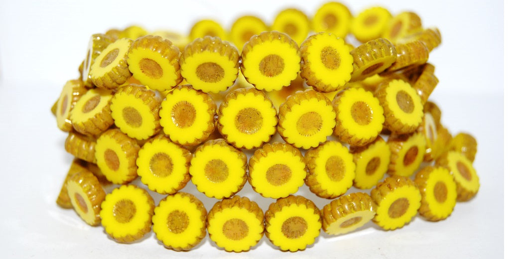 Table Cut Round Flower Beads Daisy, Yellow Bronze (83120 14415), Glass, Czech Republic