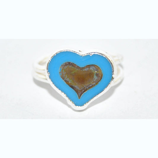 Adjustable Ring with Polished Czech Glass Bead, Heart 14 x 12 mm (G-21-B)