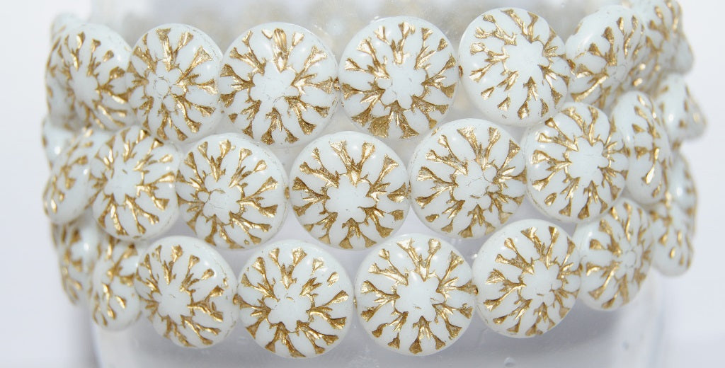 Round Flower Edelweiss Pressed Glass Beads, White 54202 (2010 54202), Glass, Czech Republic