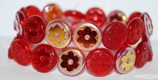 Table Cut Round Beads With Flower, Ruby Red Ab (90080 Ab), Glass, Czech Republic
