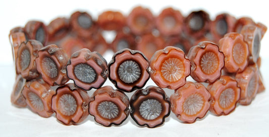 Table Cut Round Beads Hawaii Flowers, Mixed Colors Pink Luster Cream (Mix Pink 14401), Glass, Czech Republic