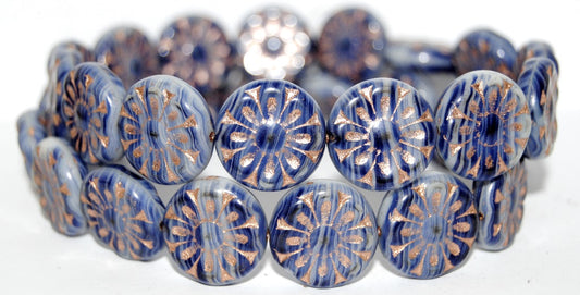 Flat Round With Flower Pressed Glass Beads, Opaque White Blue Striped 54200 (35000 54200), Glass, Czech Republic