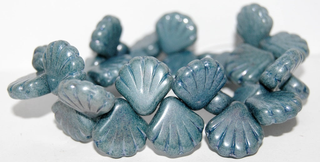 Scallop Seashell Pressed Glass Beads, Luster Blue Full Coated (14464), Glass, Czech Republic