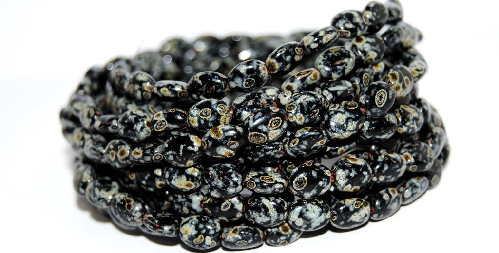 Oval Pressed Glass Beads, Black Travertin (23980 86800), Glass, Czech Republic